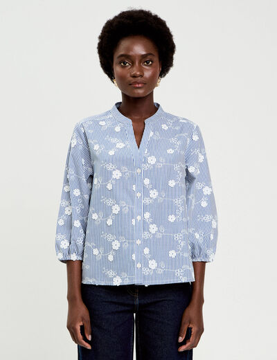 Blouse brod&eacute;e col mao manches 3/4 blanc femme