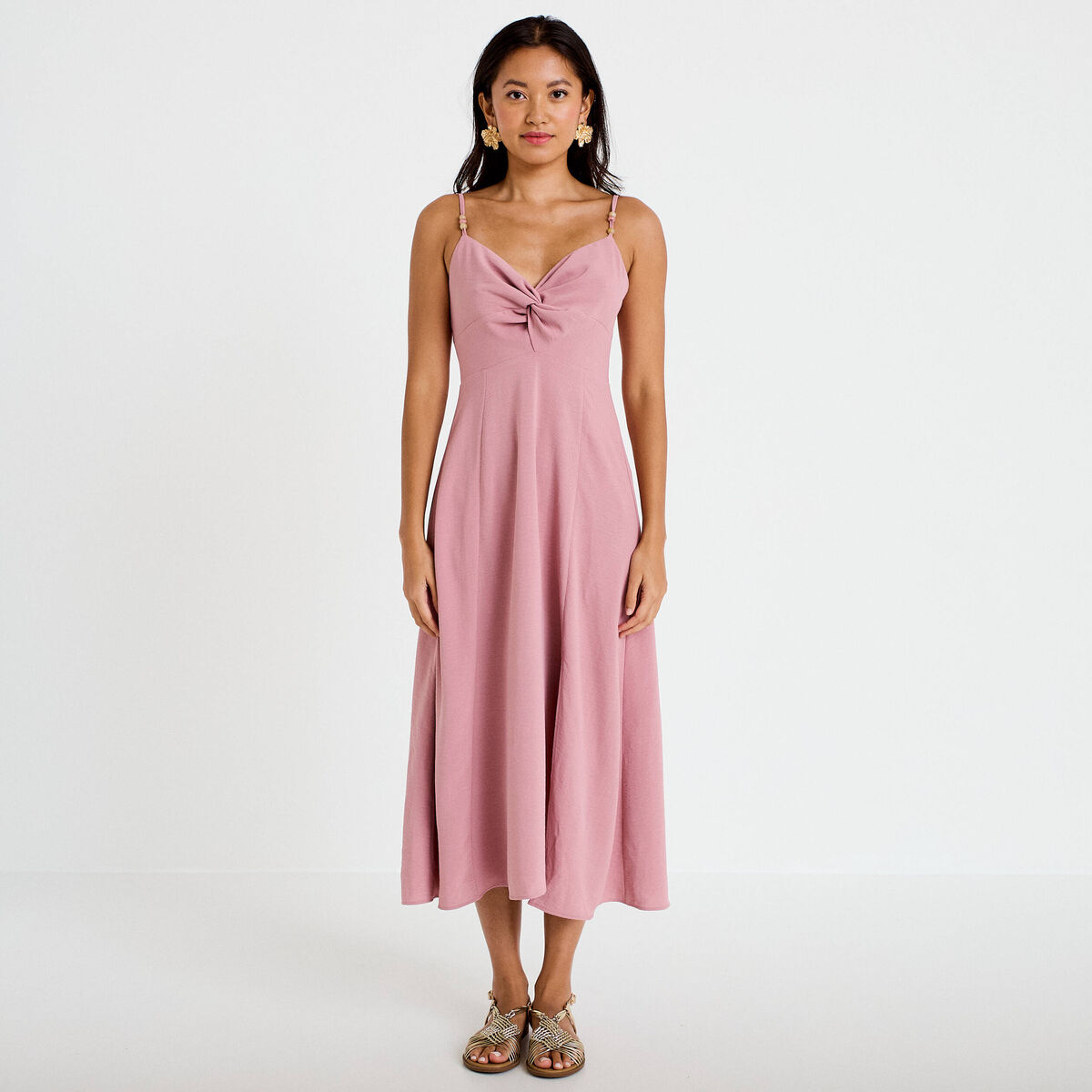 Robe longue &eacute;vas&eacute;e fendue vieux rose femme
