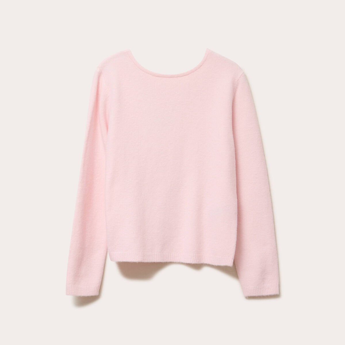 Pull d&eacute;collet&eacute; dos avec noeuds rose clair femme