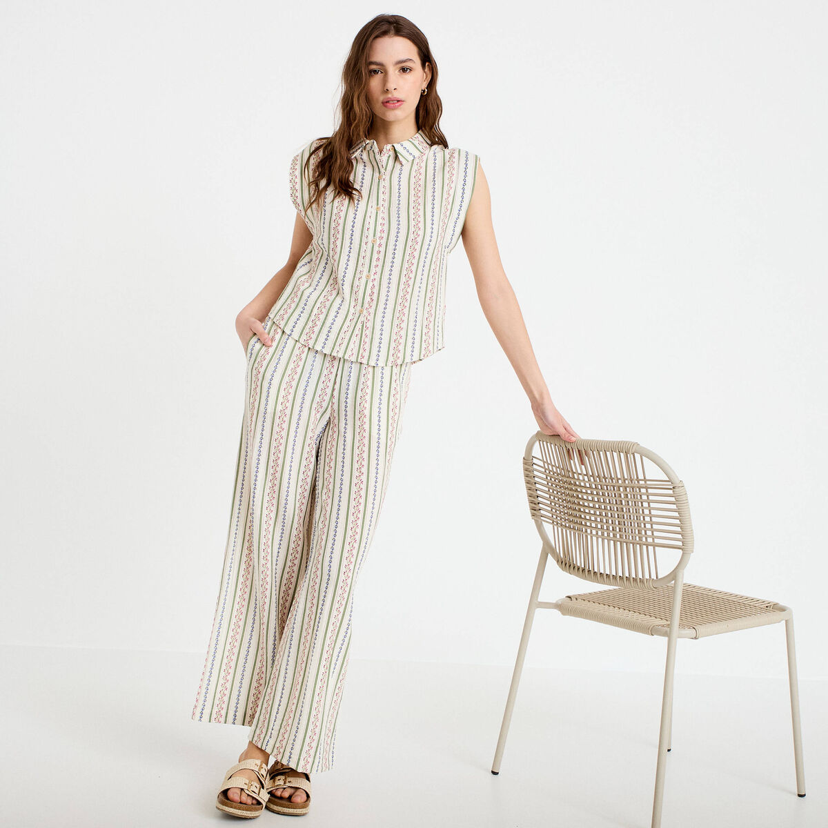 Pantalon large taille &eacute;lastiqu&eacute;e beige femme