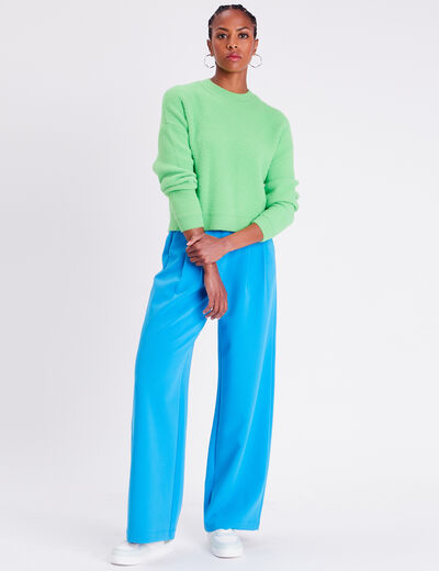 Pull cropped col rond vert femme