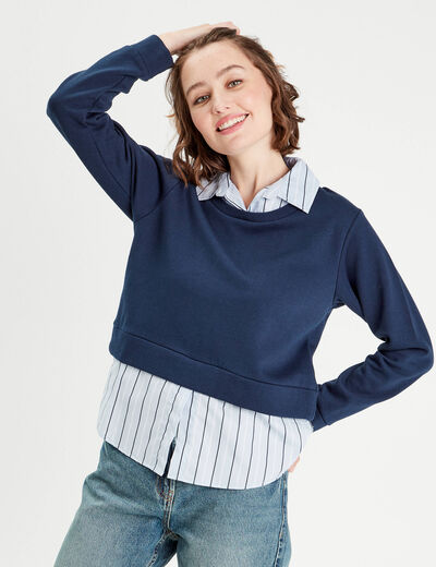 Sweat effet 2-en-1 chemise bleu marine femme