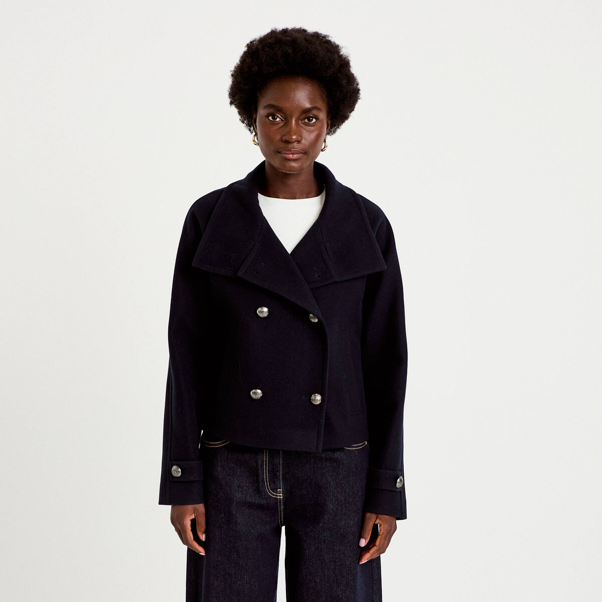 Caban droit col montant manches longues bleu marine femme