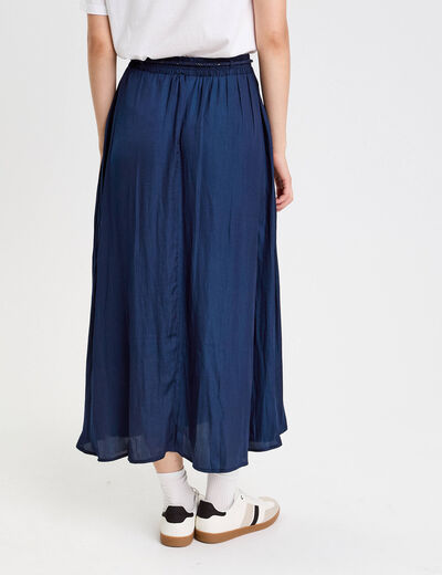 Jupe longue évasée satin bleu marine femme
