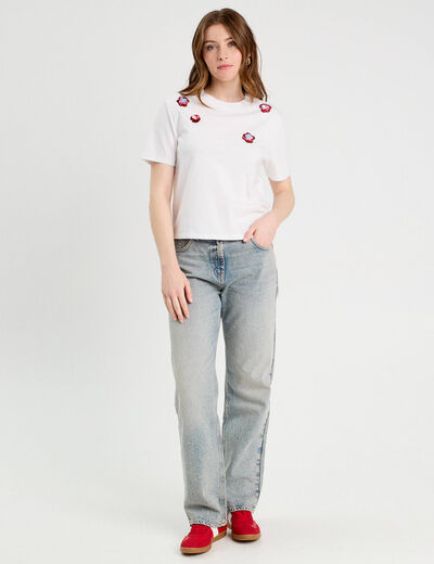 T-shirt détails fleurs sequins blanc femme