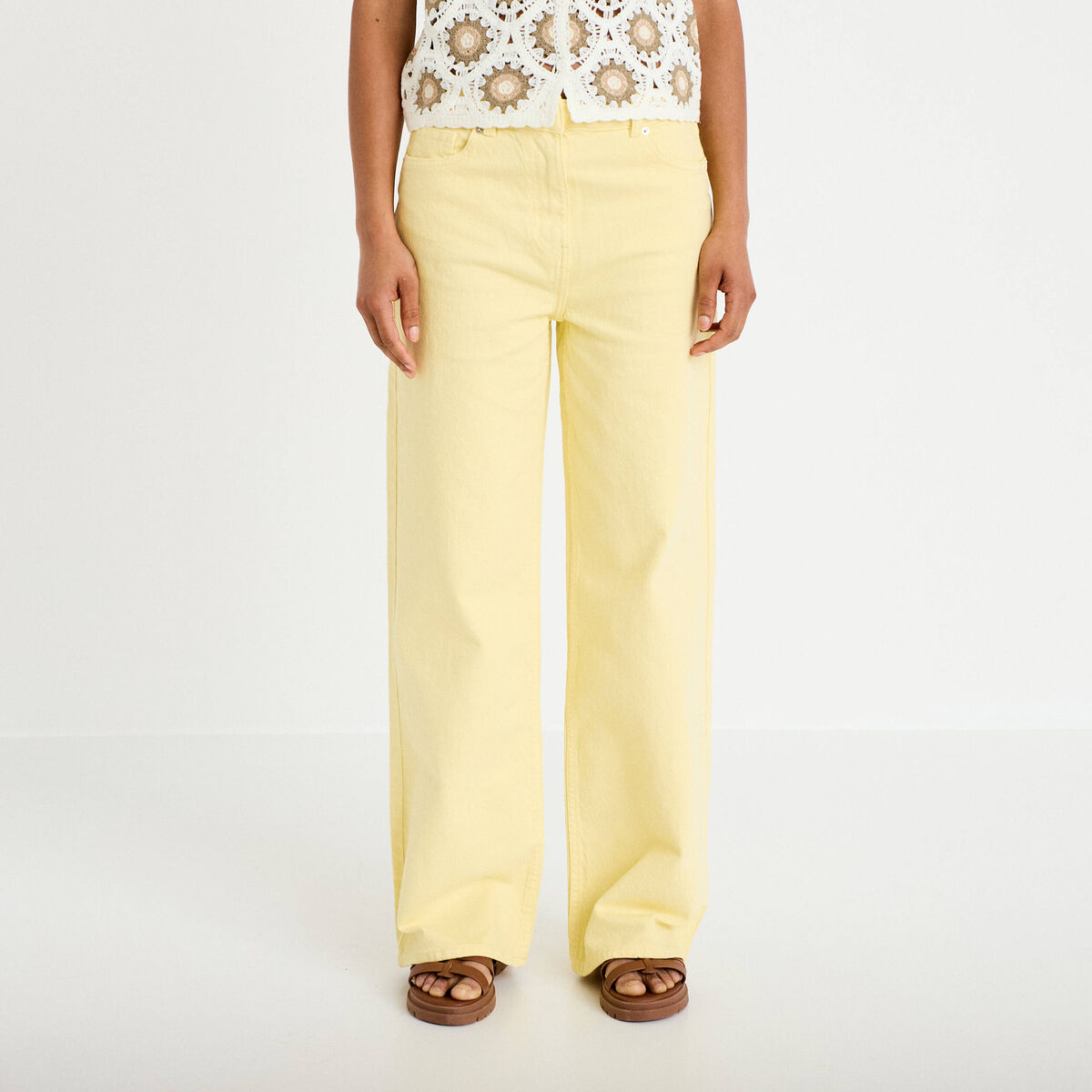 Jean wide leg taille haute jaune pastel femme
