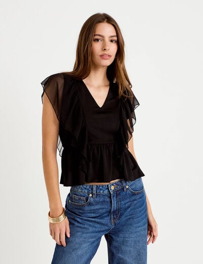 Blouse d&eacute;collet&eacute; voile manches courtes noir femme