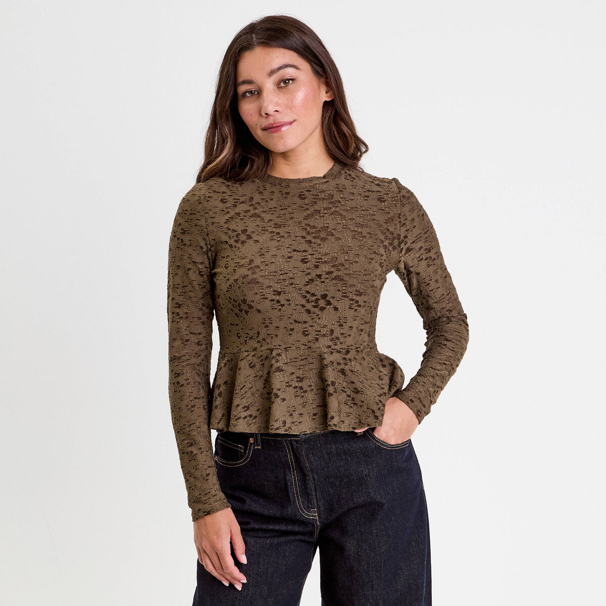 Blouse ajust&eacute;e col rond manches longues vert kaki femme