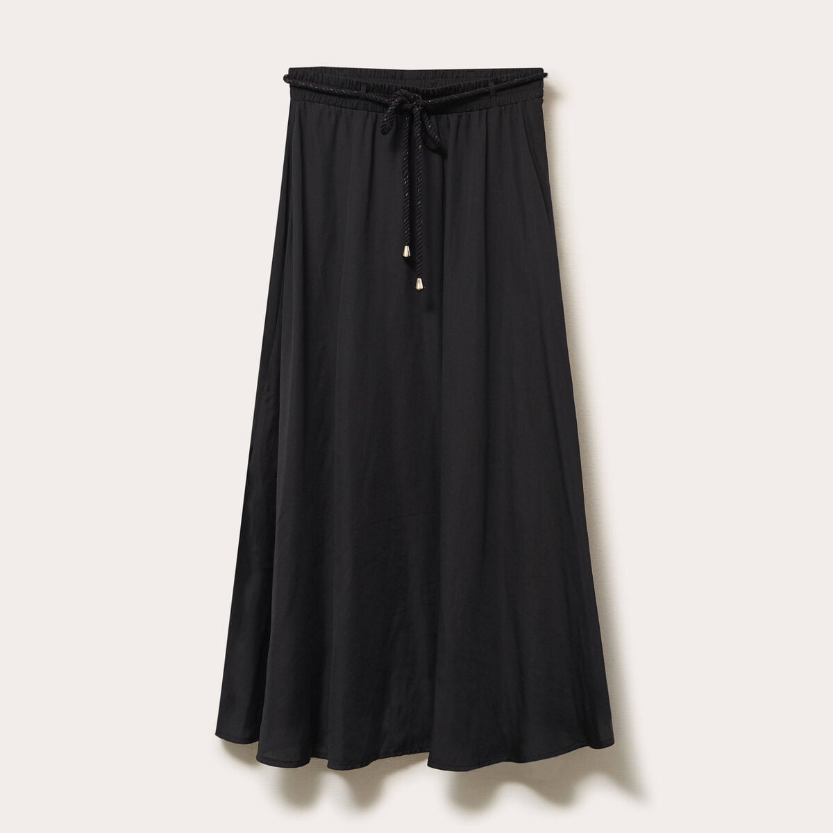 Jupe longue &eacute;vas&eacute;e satin noir femme