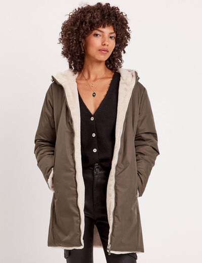 Parka réversible à capuche vert kaki femme