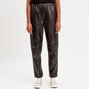 Pantalon cargo simili cuir noir femme