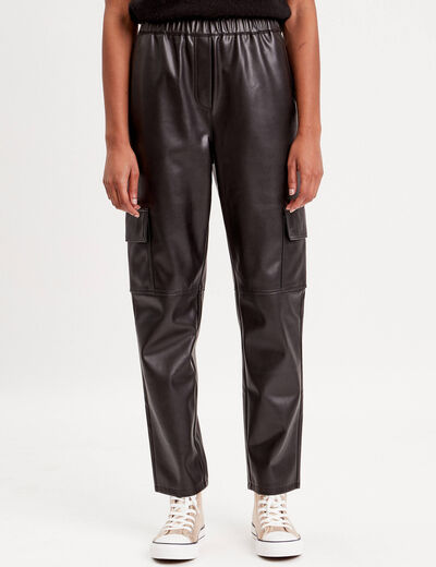Pantalon cargo simili cuir noir femme