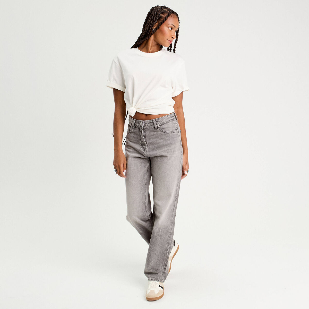 Jeans droit 5 poches denim gris femme