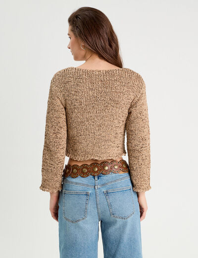 Pull col bateau ajouré beige femme