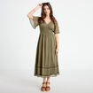 Robe longue &eacute;vas&eacute;e col v voile vert kaki femme