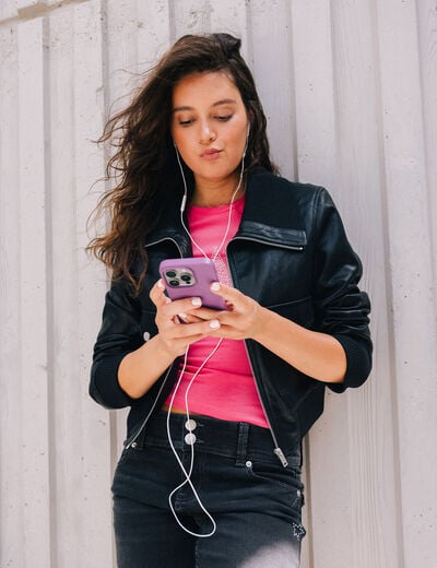 Bomber ajust&eacute; cropped similicuir noir femme