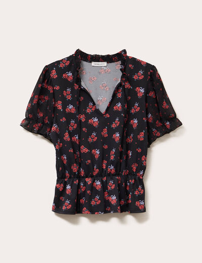 Blouse col V manches courtes noir femme