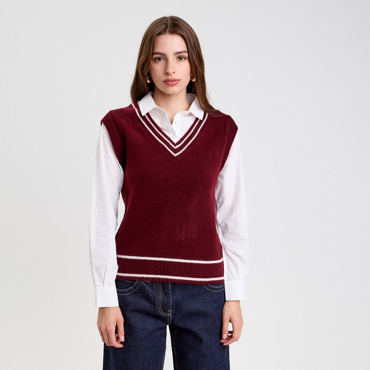 Pull 2-en-1 col en V rouge foncé femme