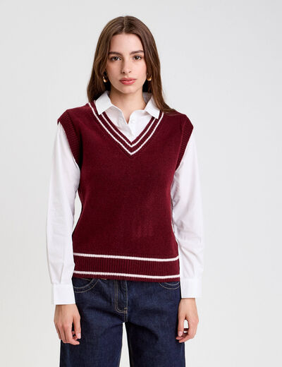 Pull 2-en-1 col en V rouge foncé femme