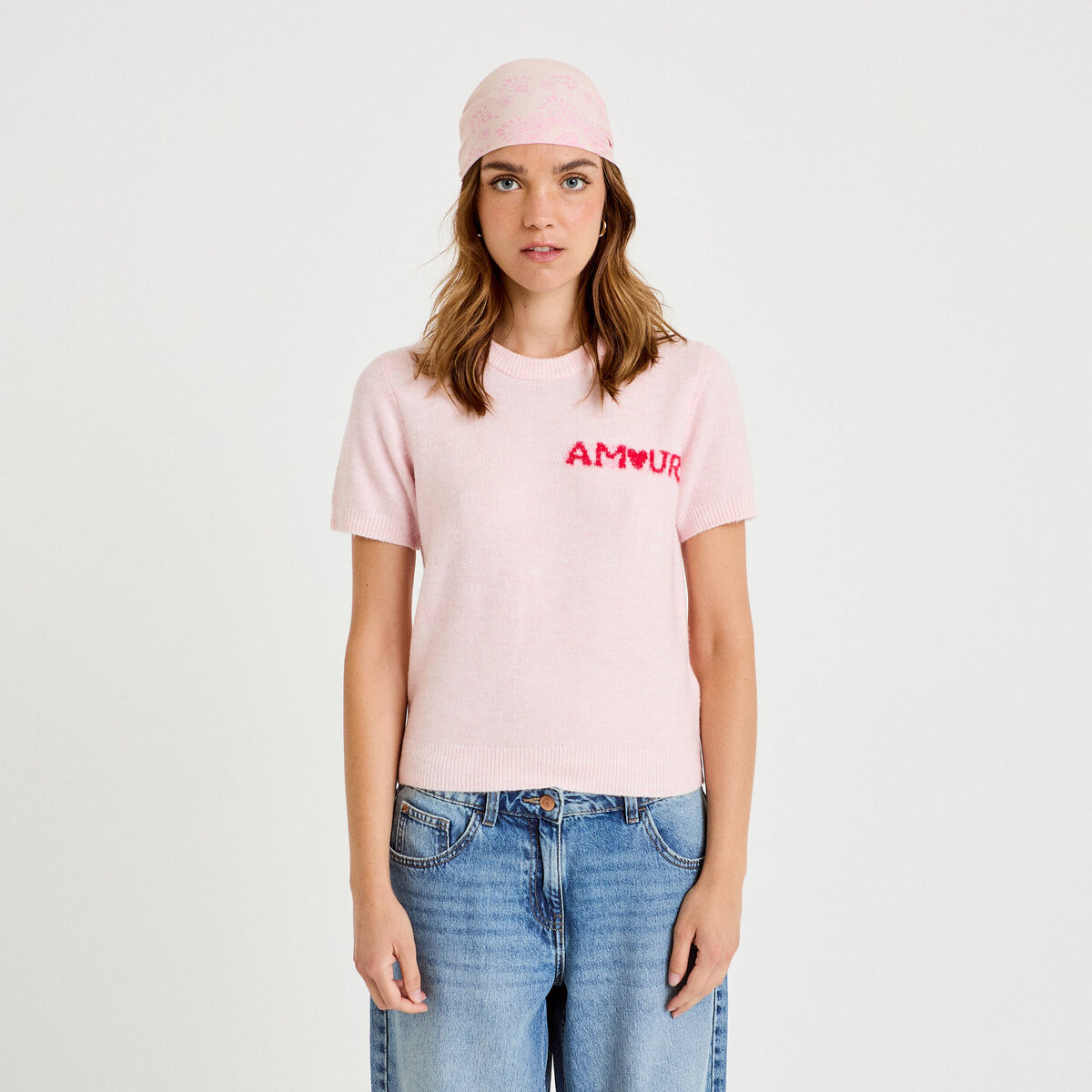 Pull ample manches courtes rose clair femme