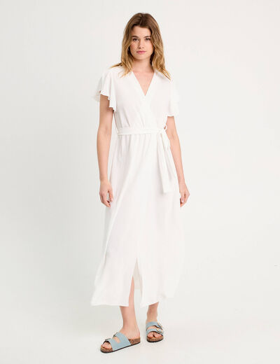 Robe longue évasée cache-coeur ecru femme
