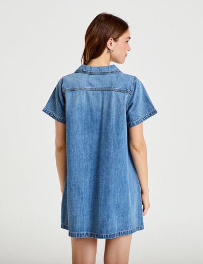 Robe trap&egrave;ze courte en jean col chemise denim double stone femme
