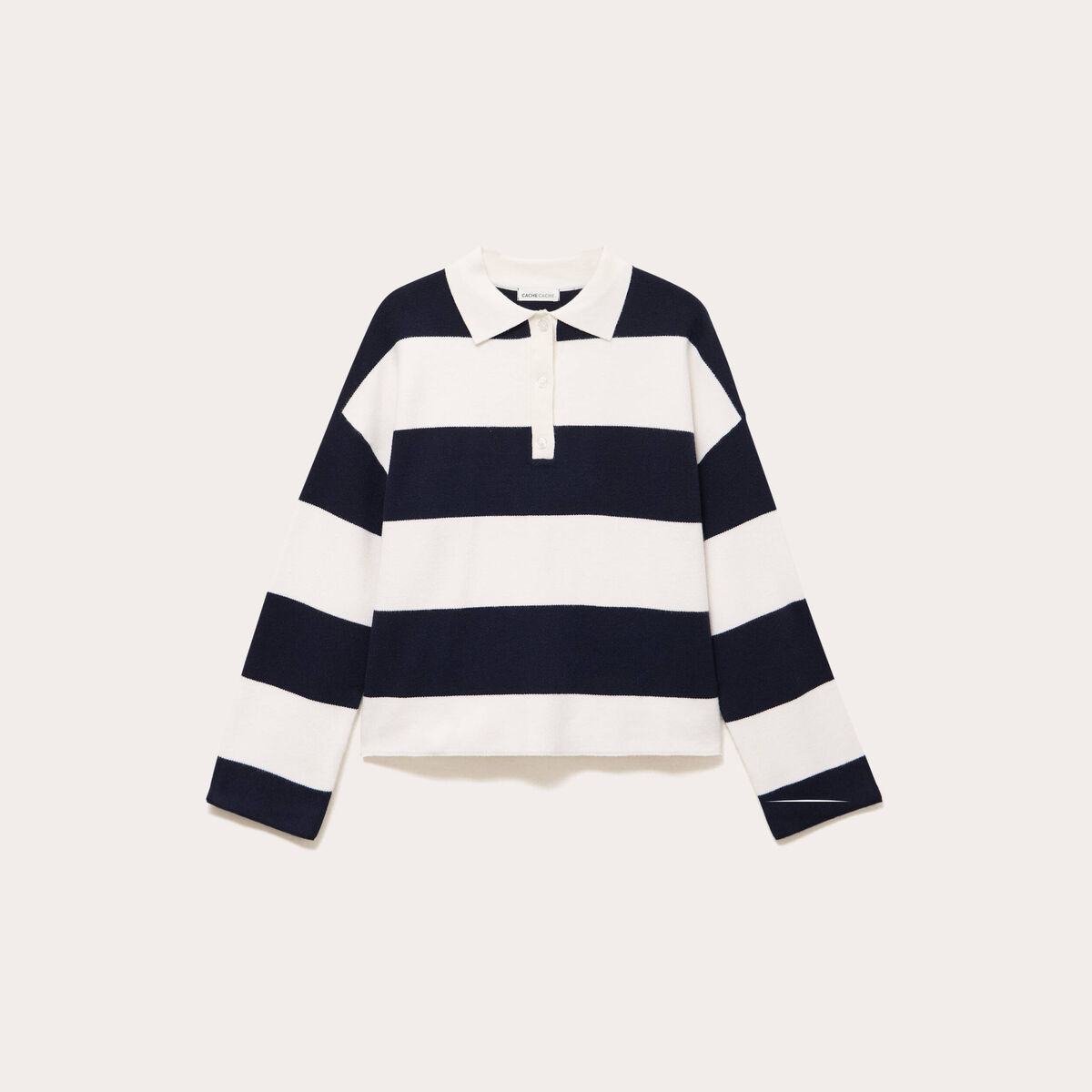 Polo manches longues col chemise bleu marine femme