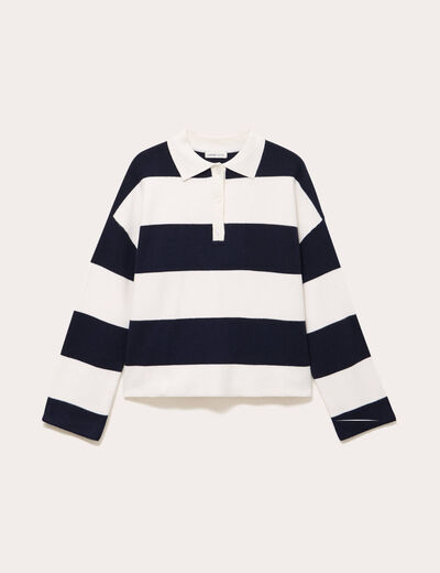 Polo manches longues col chemise bleu marine femme
