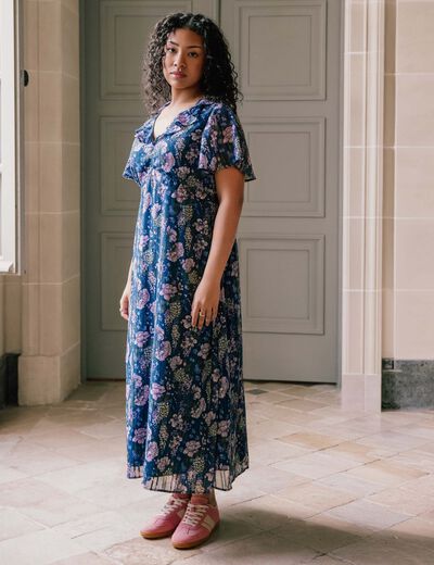 Robe longue &eacute;vas&eacute;e Bridgerton bleu marine femme