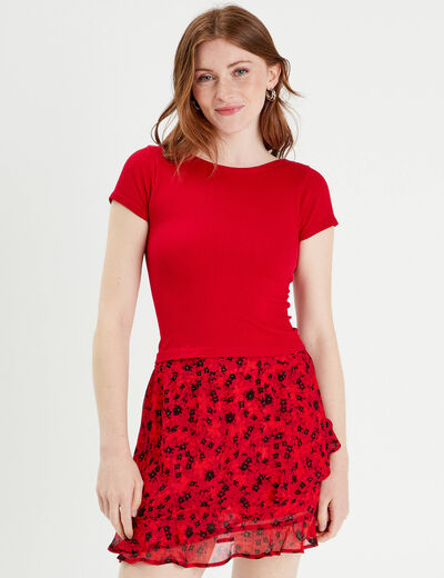 T-shirt manches courtes côtelé rouge femme