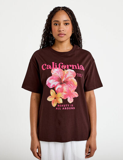T-shirt col rond manches courtes marron femme