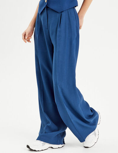 Pantalon large avec pinces bleu marine femme
