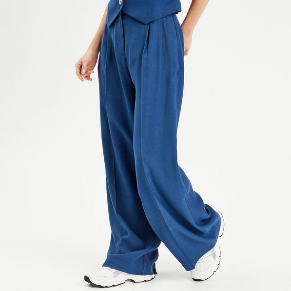 Pantalon large avec pinces bleu marine femme