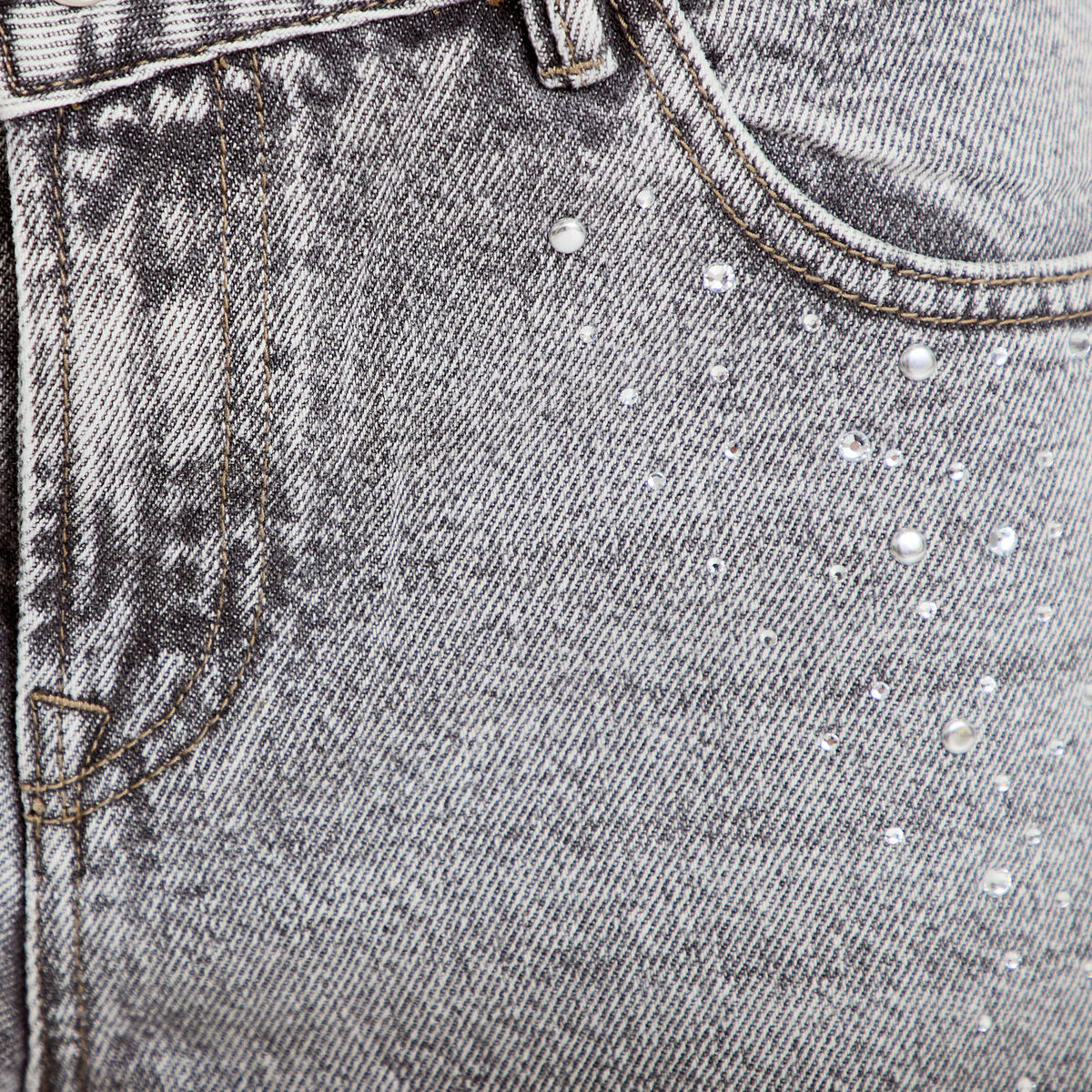 Jean wide leg taille basse strass denim gris femme