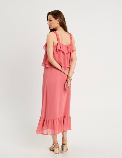 Robe longue droite volants rose pastel femme
