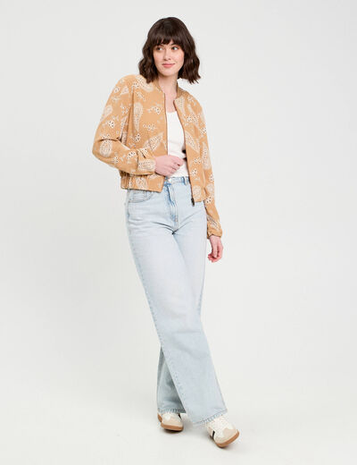 Veste col teddy zippée camel femme