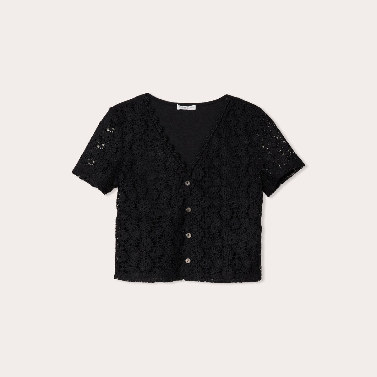 Gilet macramé boutonné noir femme