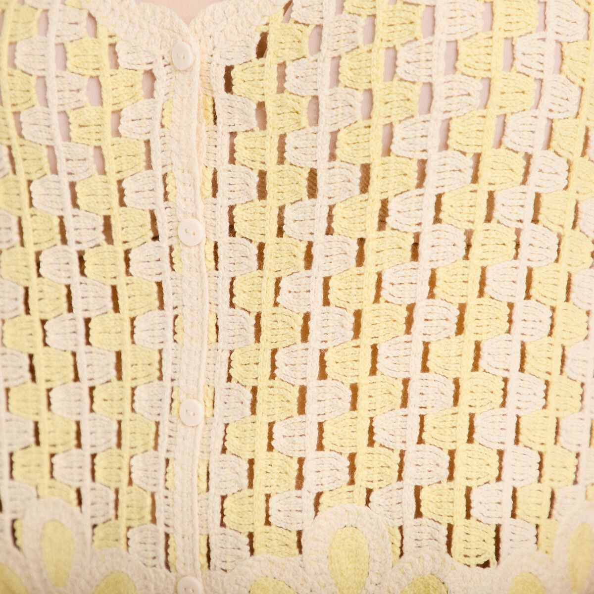 D&eacute;bardeur col v aspect dentelle jaune clair femme