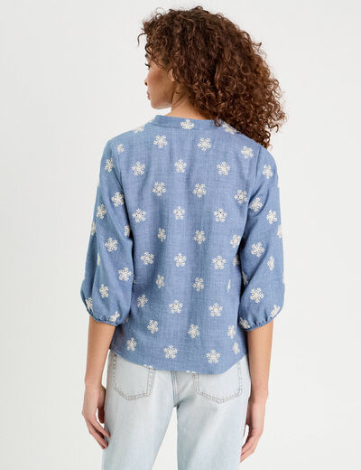 Blouse manches 3/4 brodée bleu femme