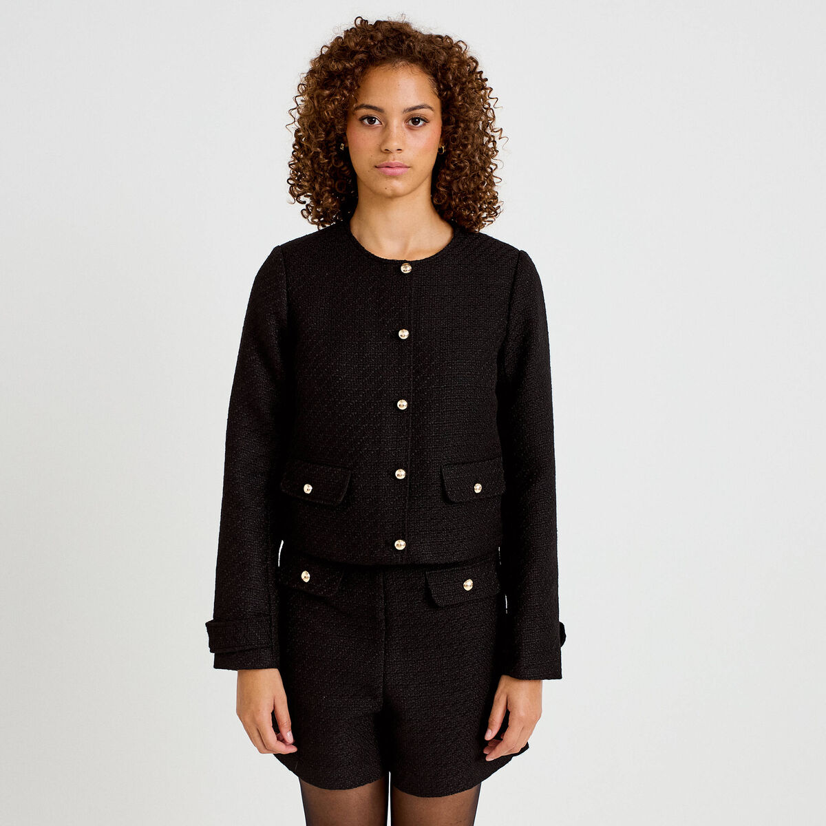 Veste tweed cintr&eacute;e cropped col mao noir femme