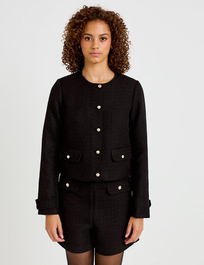 Veste tweed cintr&eacute;e cropped col mao noir femme