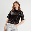 T-shirt sequins col montant noir femme