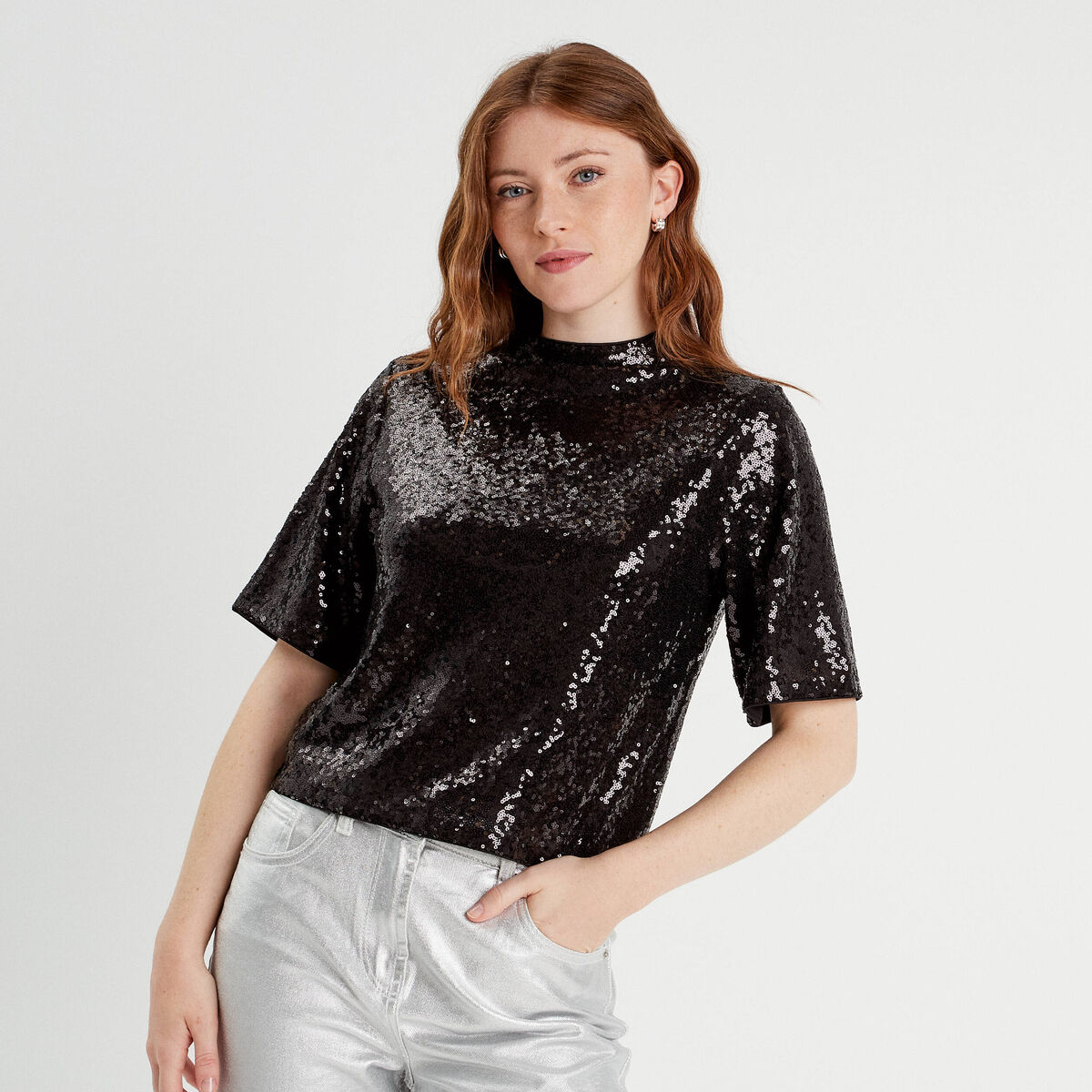 T-shirt sequins col montant noir femme