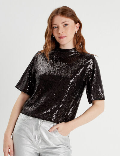 T-shirt sequins col montant noir femme