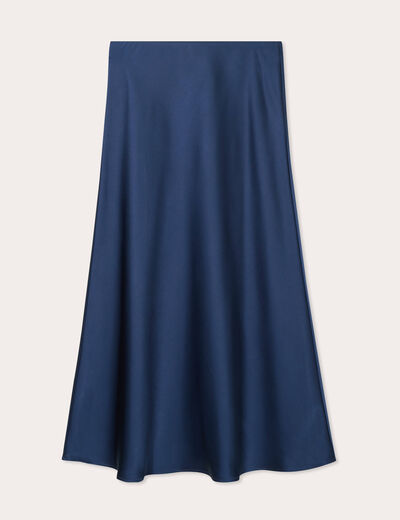 Jupe longue trapèze satin bleu marine femme