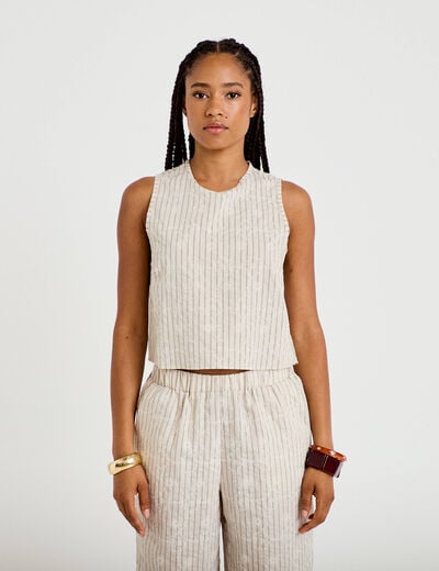 Top droit sans manches pliss&eacute; col rond creme femme