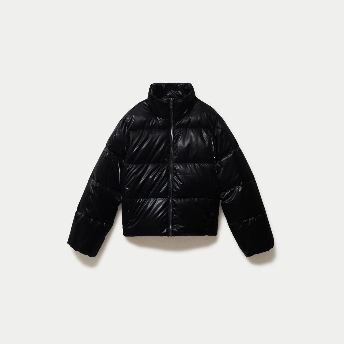 Doudoune cropped col montant brillante noir femme
