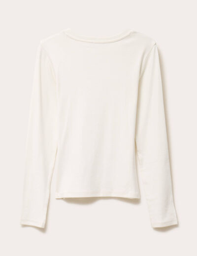 T-shirt cintr&eacute; col rond manches longues ecru femme