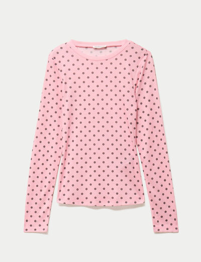 T-shirt ajust&eacute; col rond manches longues rose corail femme