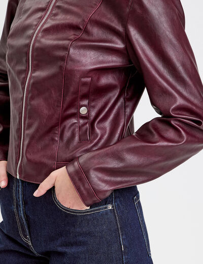 Veste simili cuir zippée prune femme